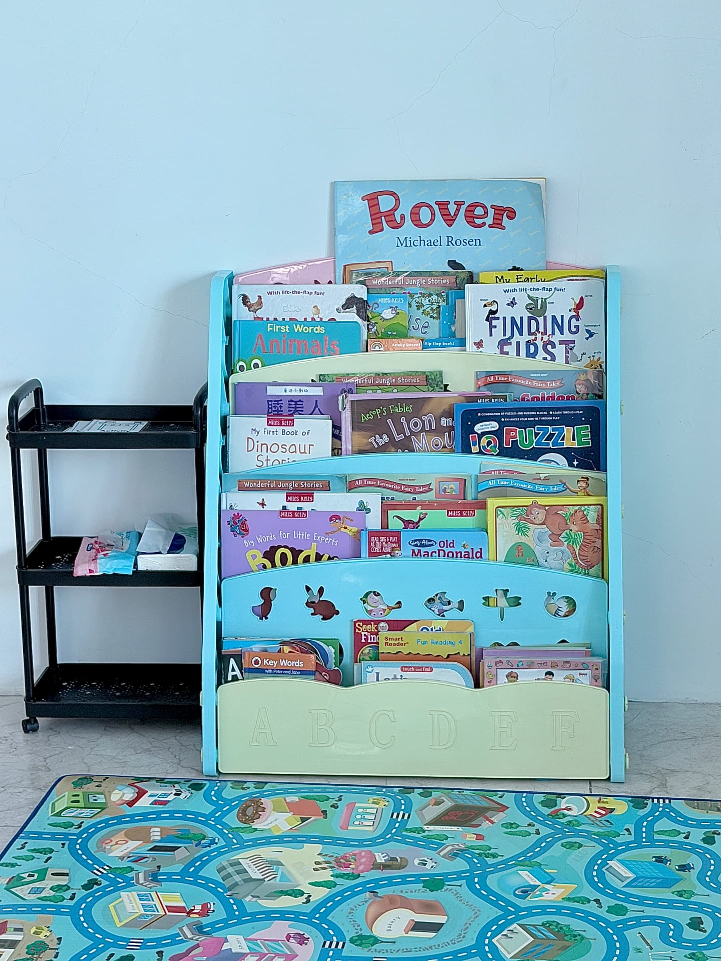 A children's book rack full of picture books beside a play mat.