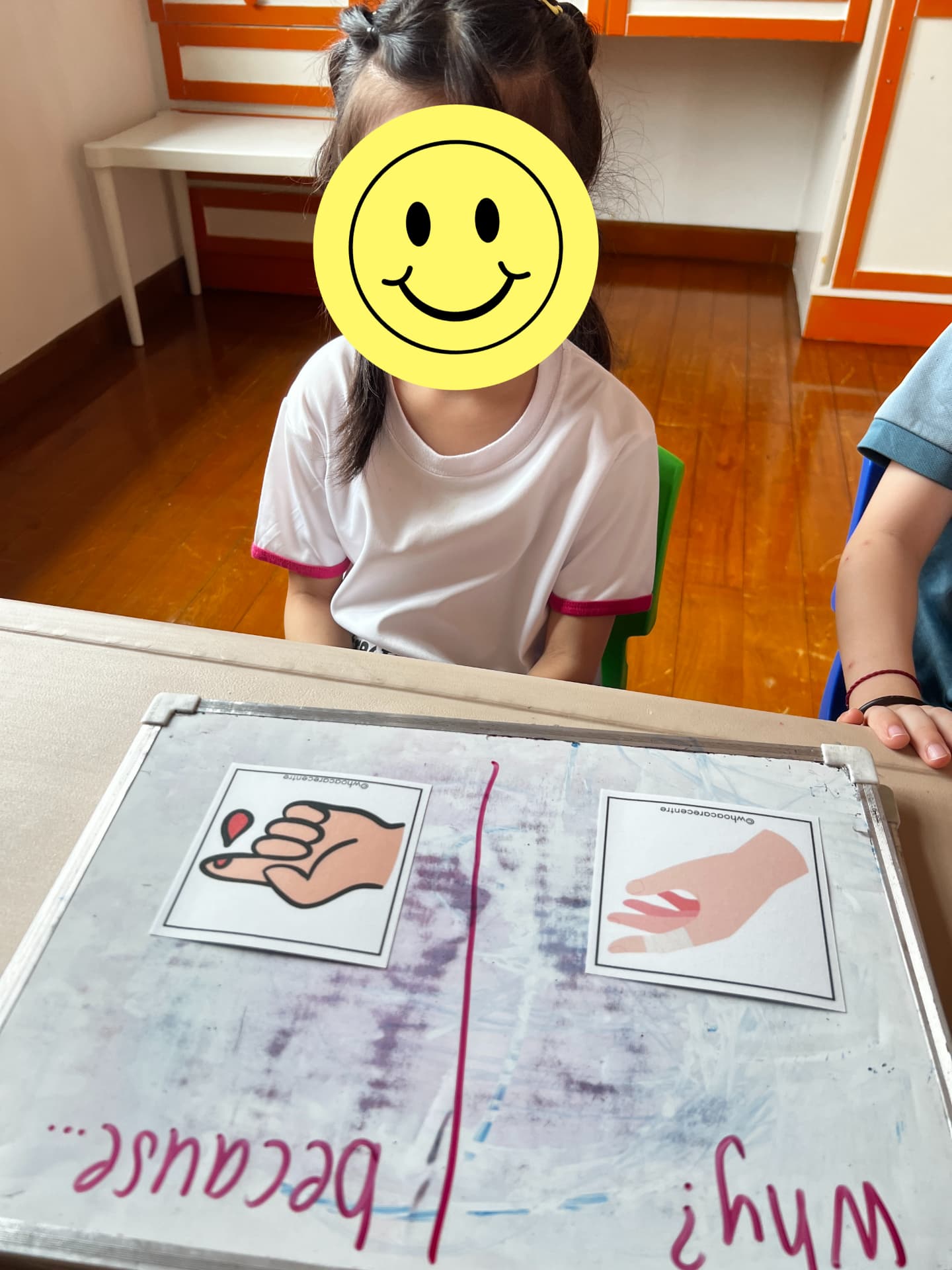 A child at a table with a picture-card whiteboard activity.